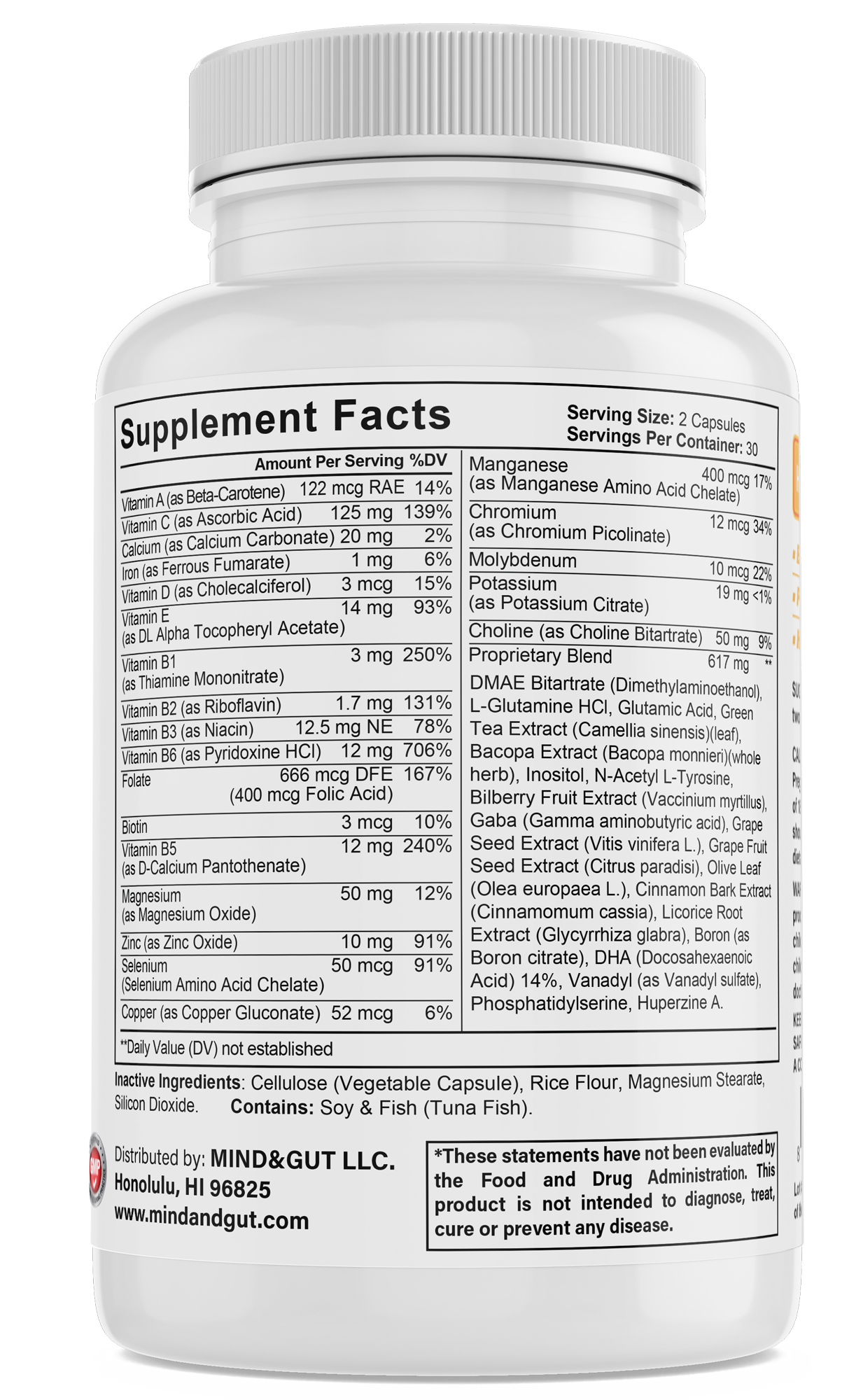 Vitamin A, Vitamin C, Calcium, Iron, Vitamin D, Vitamin E, Vitamin B6, Vitamin B1, Vitamin B2, Vitamin B3, Folate, Biotin, Magnesium, Zinc, Copper, Selenium, Chromium, Potassium, Choline, Green Tea, Boron, Olive Leafe, Grape Seed, Licorice Root, Cinnamin Bark, Gaba