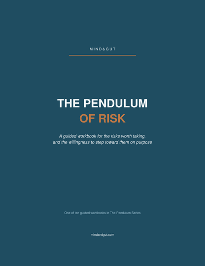 A book cover for 'The Pendulum of Risk' by Mind & Gut, featuring a solid dark teal background with white and orange text.