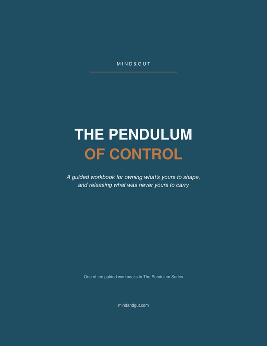 Book cover for 'The Pendulum of Control' by Mind & Gut, featuring a dark teal background with white and orange text.