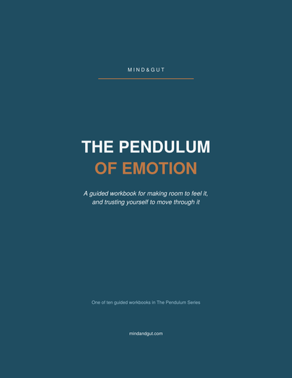 Book cover for 'The Pendulum of Emotion' from the Mind & Gut series, featuring a solid dark teal background with white and orange text.