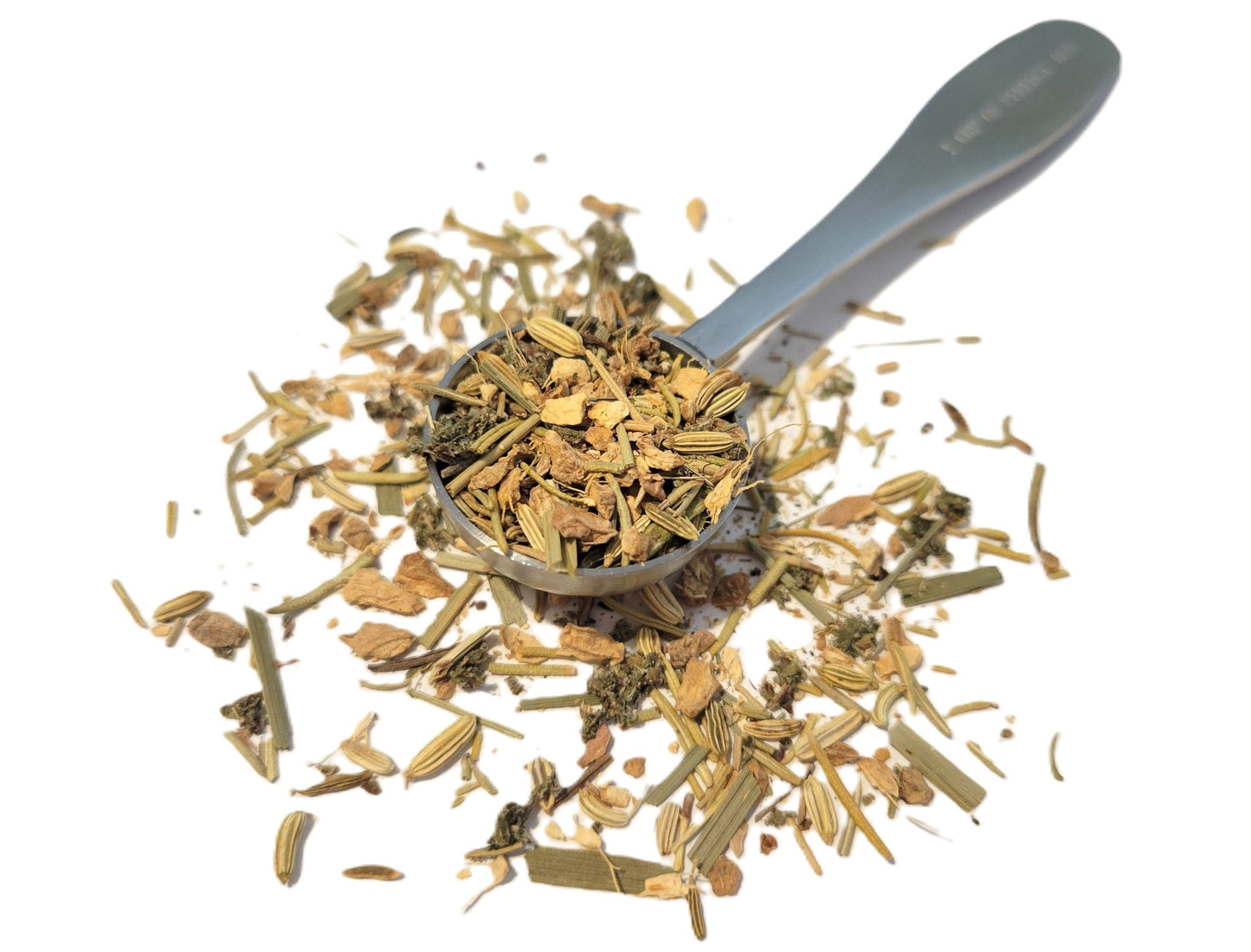 Serving size of Digestive loose leaf tea blend with organic natural healthy herbs to help soothe digestion and stomach discomfort such as bloating, gas, and cramps after a heavy meal from mind and gut.