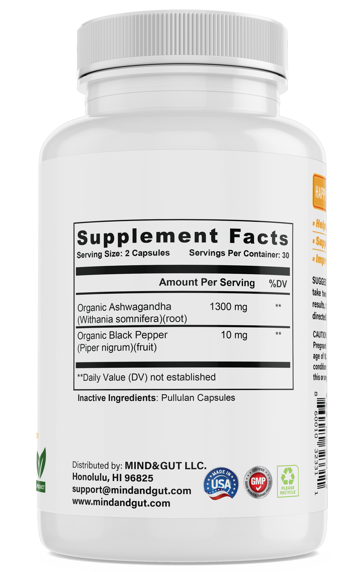 Organic Ashwagandha 1300 mg, Organic Black Pepper 10 mg, 30 day supply bottle.