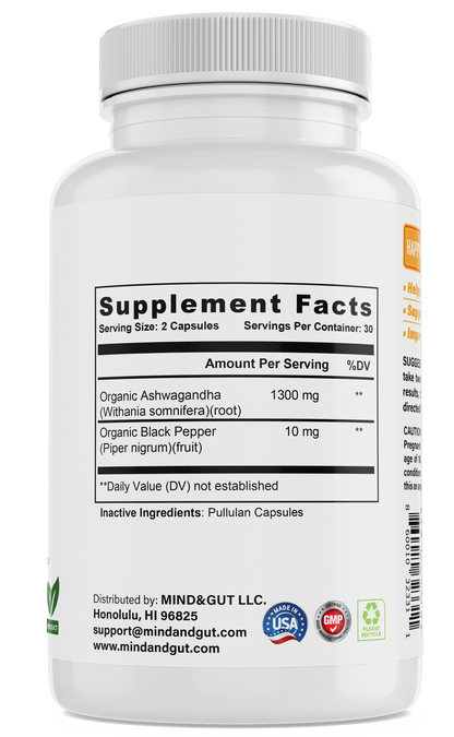 Organic Ashwagandha 1300 mg, Organic Black Pepper 10 mg, 30 day supply bottle.