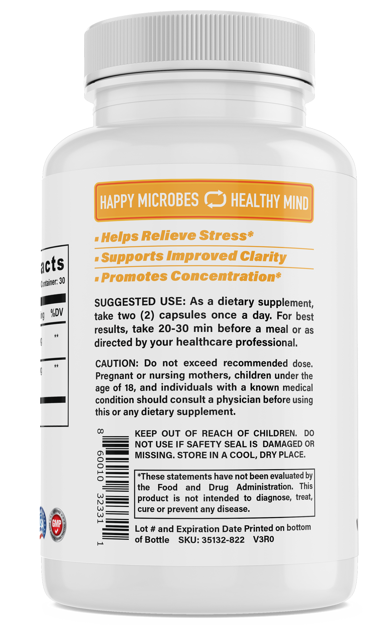 Helps improve stress, supports improved clarity, and promotes concentration. Happy microbes, healthy mind.