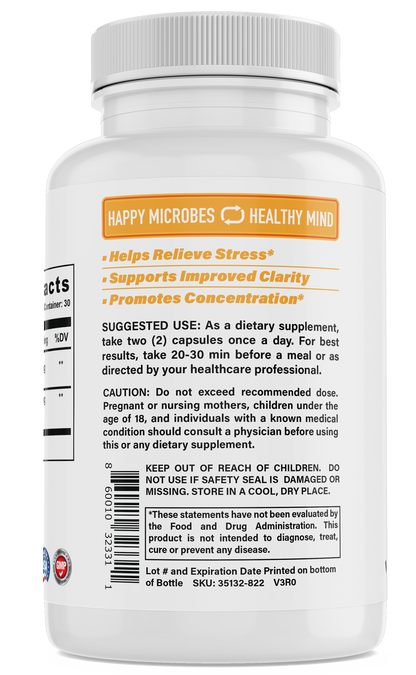 Helps improve stress, supports improved clarity, and promotes concentration. Happy microbes, healthy mind.