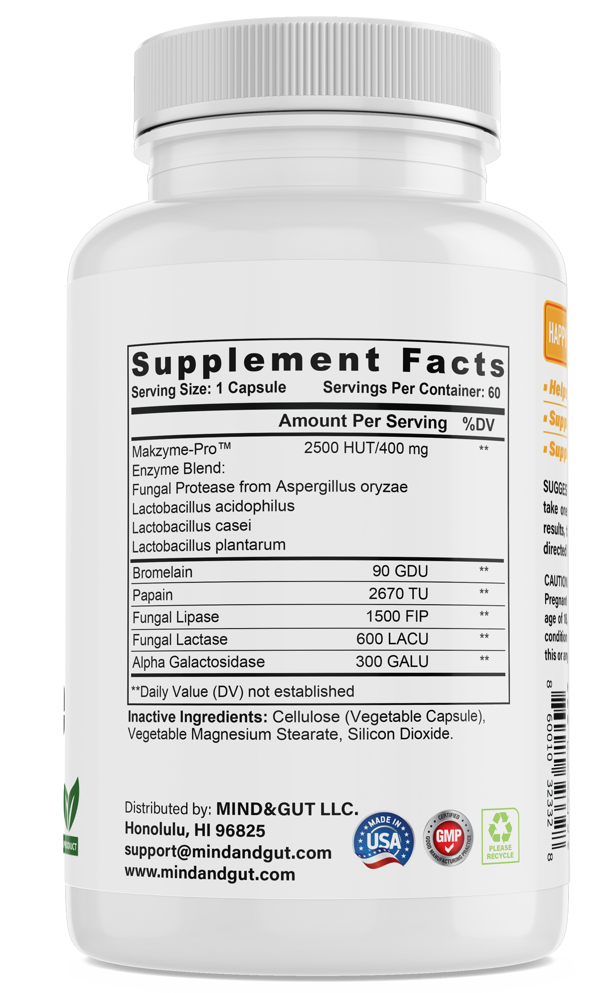 Enzyme blend, Fungal Proteas from aspergillus oryzae, lactobacillus acidophilus, lactobacillus casai, lactobacillus plantarum, bromelain, papain, fungal lipase, fungal lactase, alpha galactosidase. 60 servings..