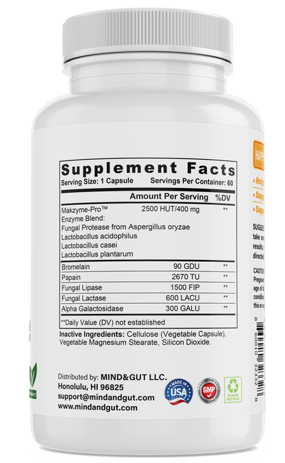 Enzyme blend, Fungal Proteas from aspergillus oryzae, lactobacillus acidophilus, lactobacillus casai, lactobacillus plantarum, bromelain, papain, fungal lipase, fungal lactase, alpha galactosidase. 60 servings..