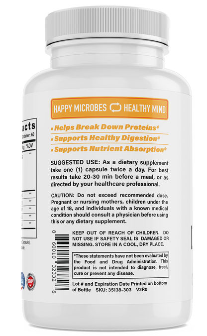 Happy microbes, healthy mind. Digestive Enzyme helps break down proteins, supports healthy digestion, supports nutrient absorption.