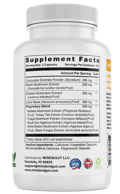 10 mushroom blend. Cordyceps Sinesis Powder (Mycelium), Reishi mushroom , Shiitake mushroom, Lions Mane, Maitake mushroom, Turkey Tail, Chaga Mushroom, Royal Sun Agaricus, White Button Mushroom, and Black Fungus.