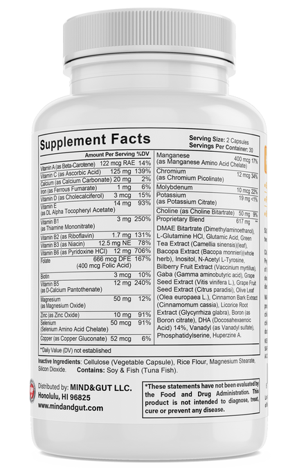 Vitamin A, Vitamin C, Calcium, Iron, Vitamin D, Vitamin E, Vitamin B6, Vitamin B1, Vitamin B2, Vitamin B3, Folate, Biotin, Magnesium, Zinc, Copper, Selenium, Chromium, Potassium, Choline, Green Tea, Boron, Olive Leafe, Grape Seed, Licorice Root, Cinnamin Bark, Gaba