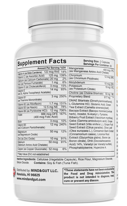 Vitamin A, Vitamin C, Calcium, Iron, Vitamin D, Vitamin E, Vitamin B6, Vitamin B1, Vitamin B2, Vitamin B3, Folate, Biotin, Magnesium, Zinc, Copper, Selenium, Chromium, Potassium, Choline, Green Tea, Boron, Olive Leafe, Grape Seed, Licorice Root, Cinnamin Bark, Gaba