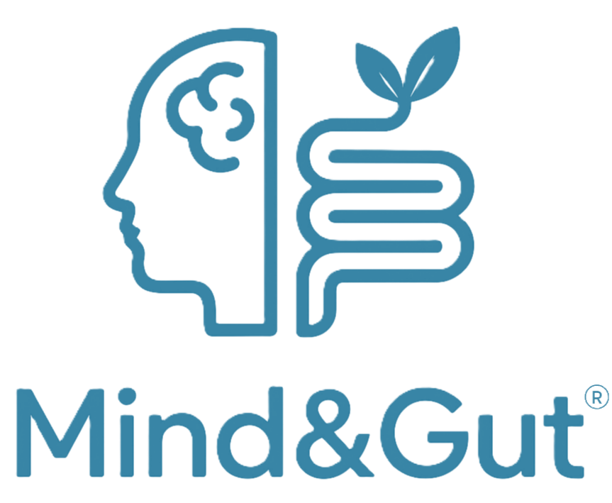 Logo of 'Mind & Gut' with a stylized head and intestines on a white background