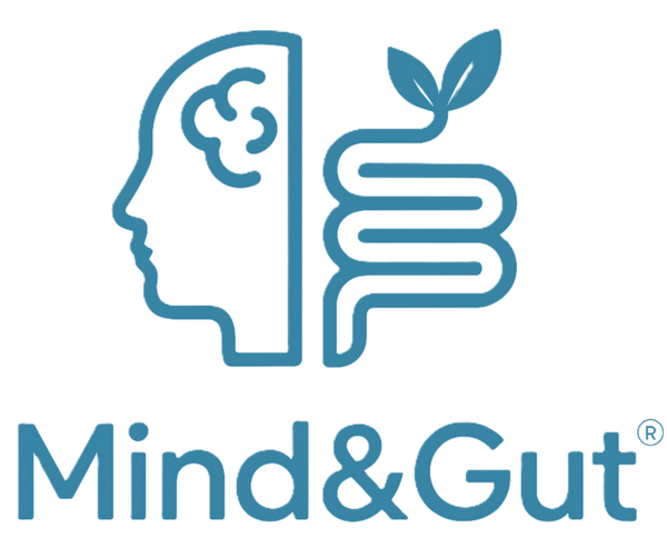 Logo of 'Mind & Gut' with a stylized head and intestines on a white background