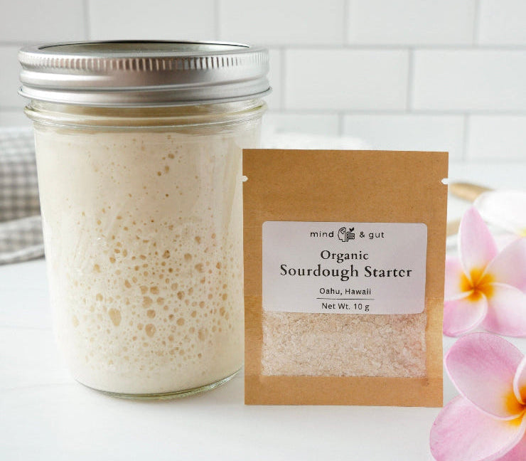 Glass jar with active sourdough starter and a small package of Dehydrated 'Organic Sourdough Starter' on a white counter with plumeria flowers.